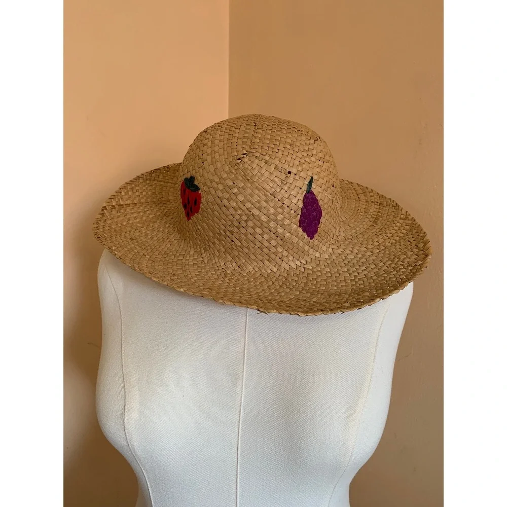 Vintage Fruit Embroidered 100% Straw Sun Hat Tan Wide Brim Beach